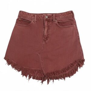 We The Free Free People High Waisted Denim Skirt Raw Shredded Hem Earth Rust 27